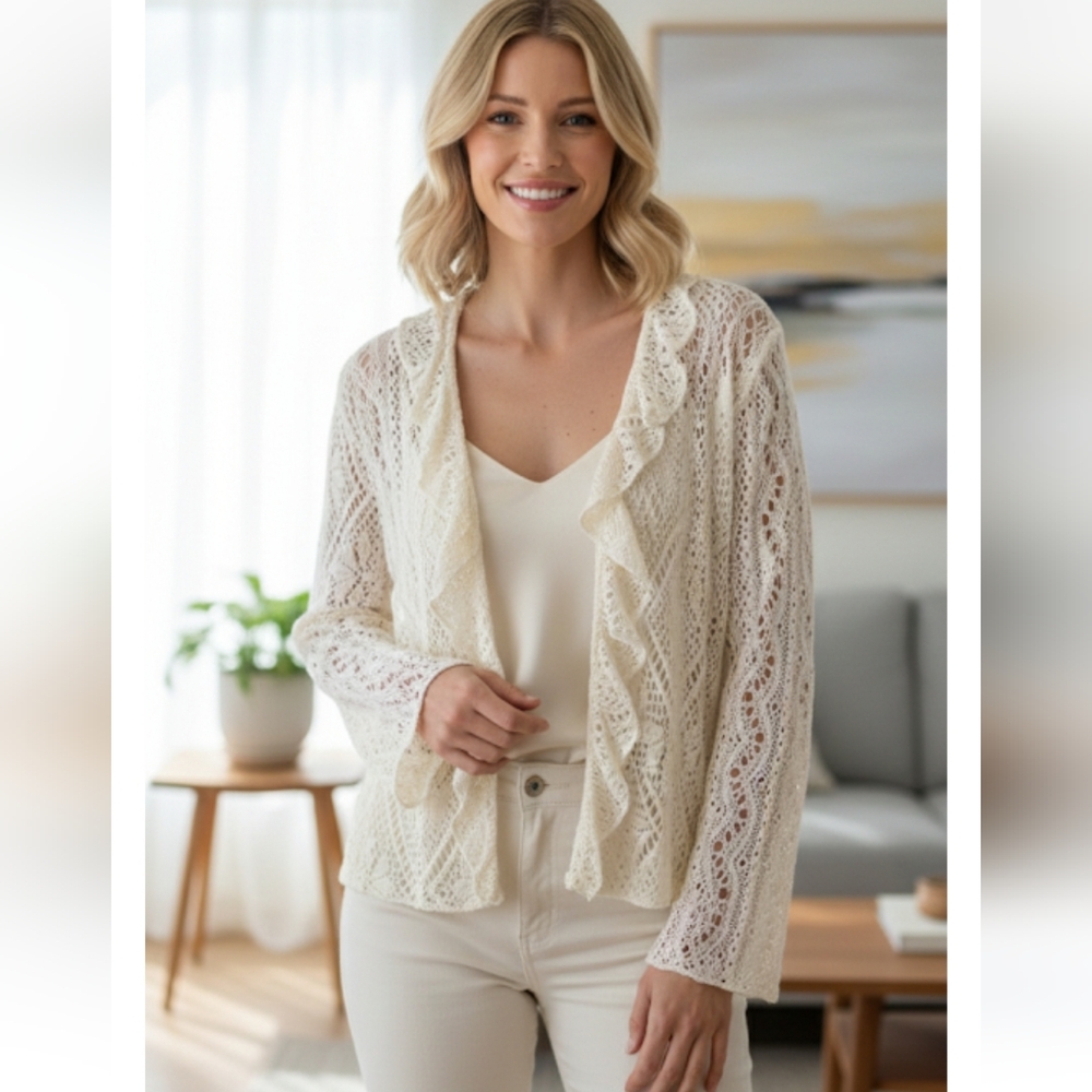 J.JILL Vintage Romantic Crocheted Ruffle Front Bohemian Knit Cardigan In Ivory M